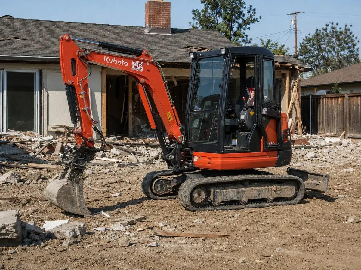 A 101 Hauling Services tracked excavator working a residential demolition site