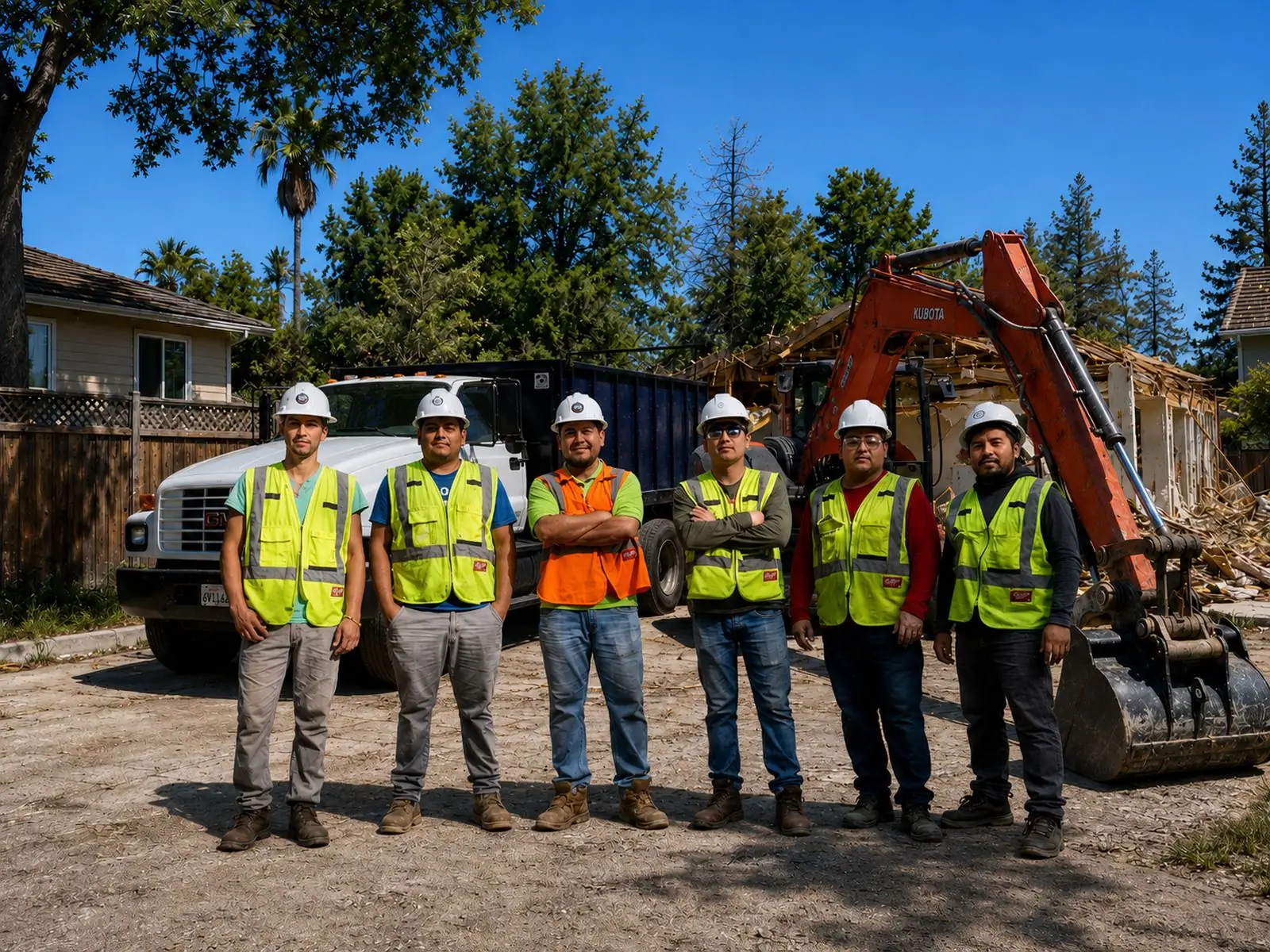 The 101 Hauling Services crew on a residential demolition site in front of their dump truck and Kubota excavator